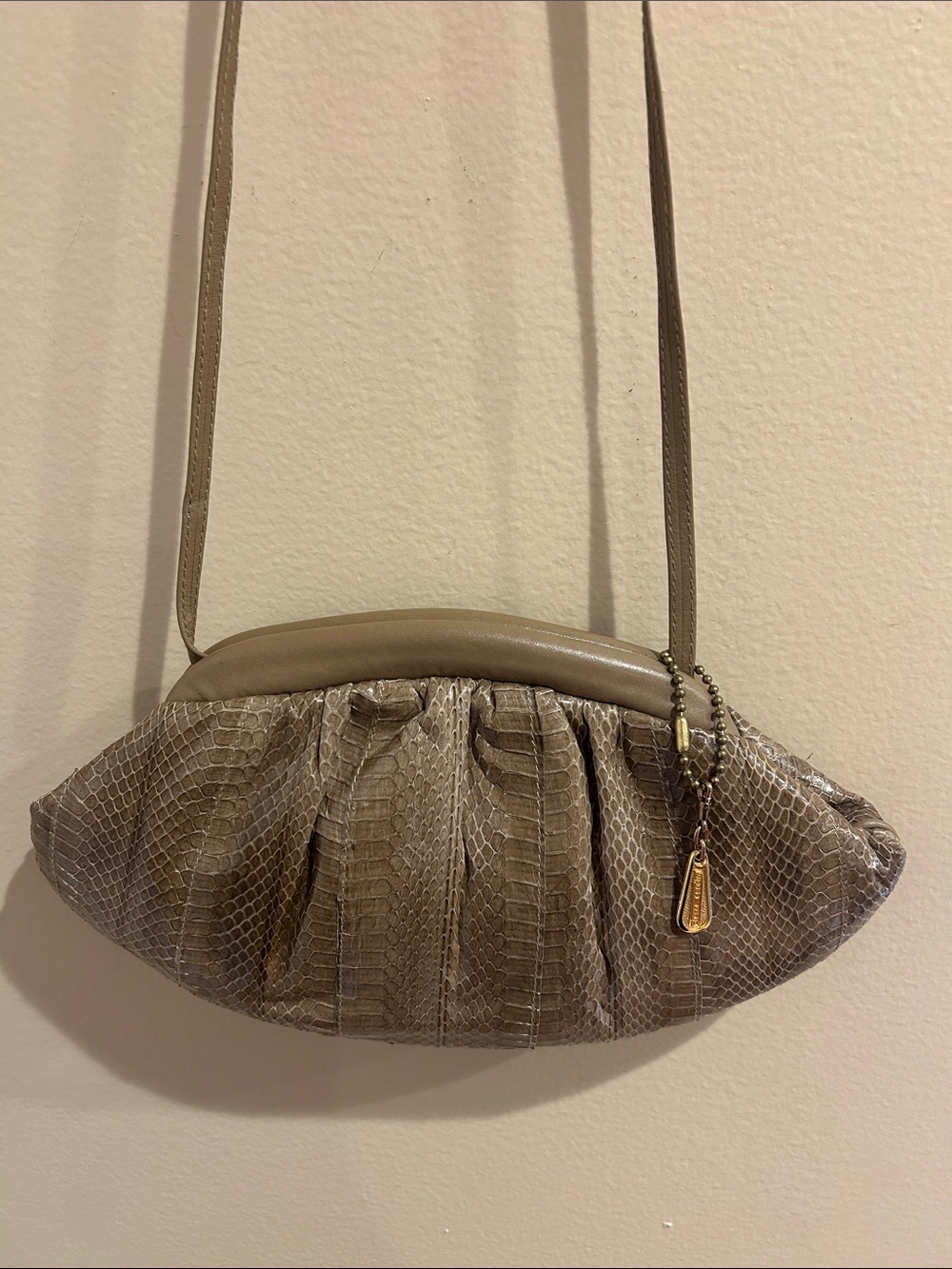 Vintage Pierre Cardin Taupe Snake-Texture Crossbody with Gold Charm